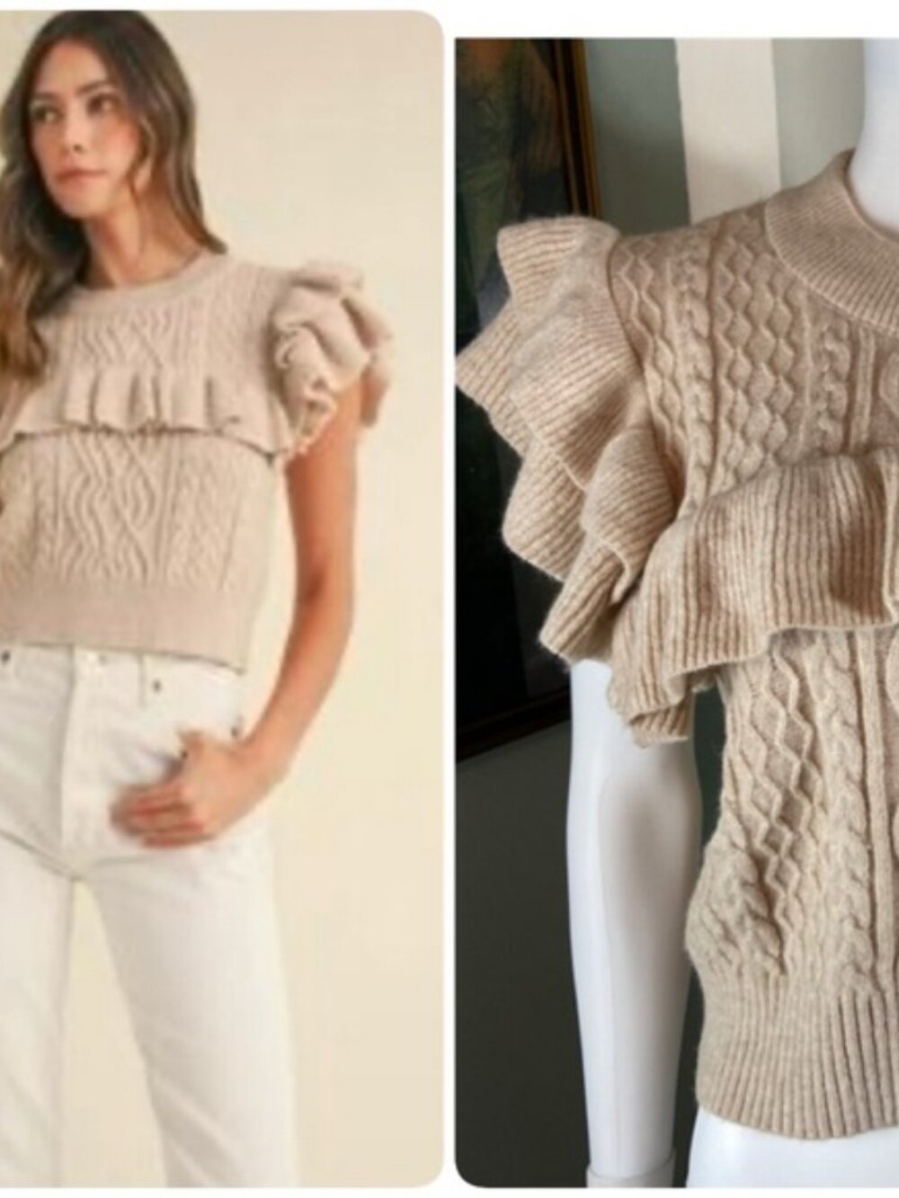 Mable Beige Cable Knit Ruffled Knit Sweater Short Sleeve Top Blouse Medium M